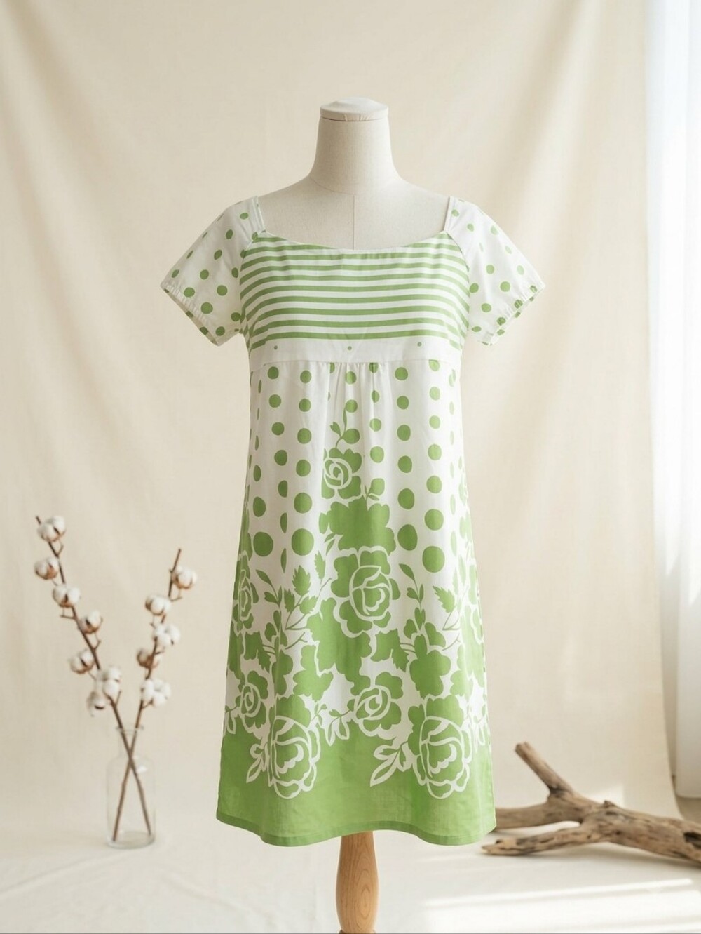 Millennium Green Floral & Polka Dot Square-Neck Dress, Size Large